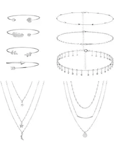 9Pcs Gold&Silver Tone Layered Choker Necklace and 4 Pcs Multiple Layered Stackable Open Cuff Bracelet Chain Adjustable Trendy Jewelry Set for Women Girls