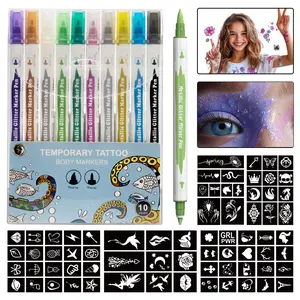 Wormhole Washable Tattoo Marker Pens 10PCS - Dual Tip Body Art Drawing Kit, Safe Non-Toxic Temporary Tattoos for Kids Adults, Face Body Painting for Parties Festivals (Multicolor) Halloween Makeup