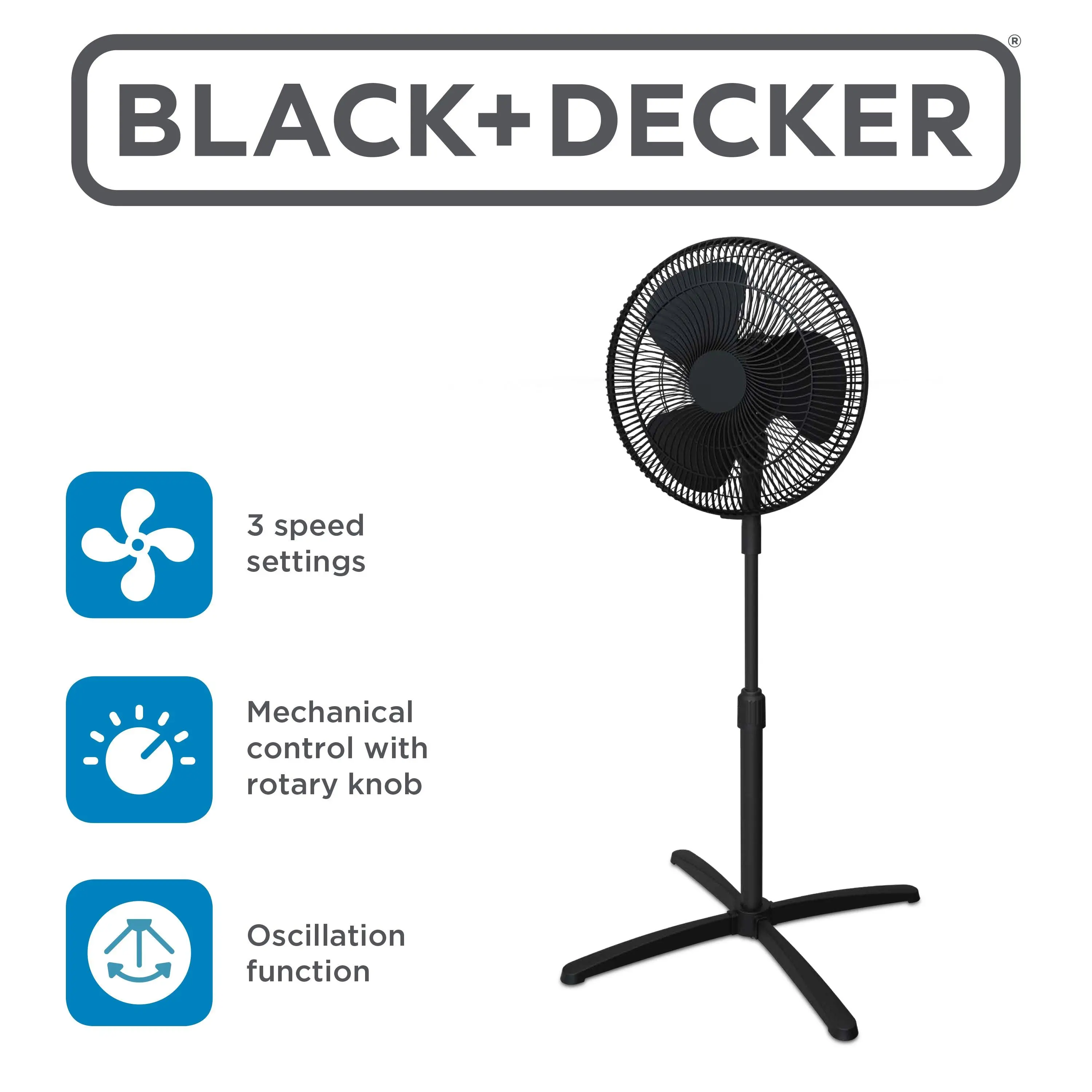 BLACK+DECKER 16-Inch Pedestal Fan, BFP16MXB, Oscillating Fan for Home and Office, 3 Speed Settings, Height Adjustable Stand with Adjustable Fan Head Tilt, Black