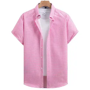 Menswear Men's Pink Gingham Checkered Short-Sleeve Button-Down Shirt - Casual Loose Fit, Lightweight Breathable Fabric, Perfect for Summer, Everyday Wear