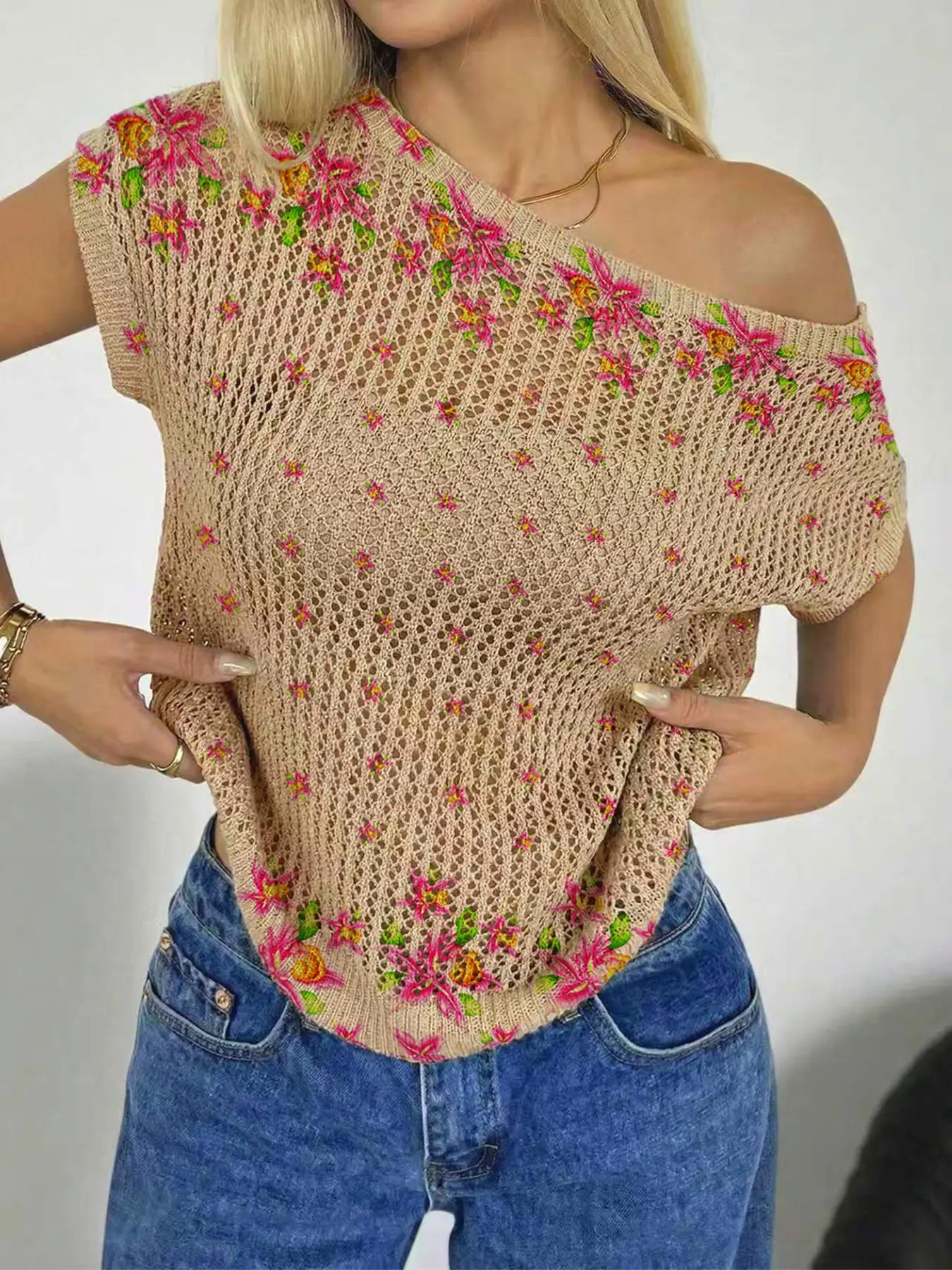 Spring Summer Women's Beach Vacation Style Elegant Chic Asymmetric Neck Shoulder Reveal Batwing Sleeve Semi-Transparent Hollow Out Floral Print Knit Blouse Top