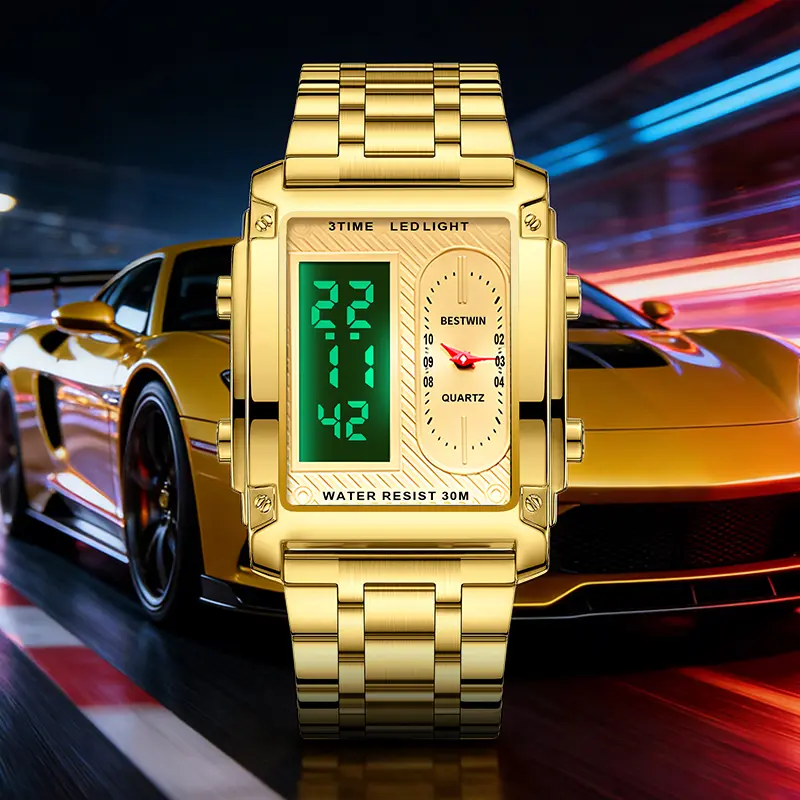 men's square creative dual-movement multifunctional sports watch, featuring a luxurious triple-time design, water resistance, luminous dial, ​Exuding a minimalist aesthetic, it is elegant, durable, and the perfect choice for everyday wear.​​ digital quart
