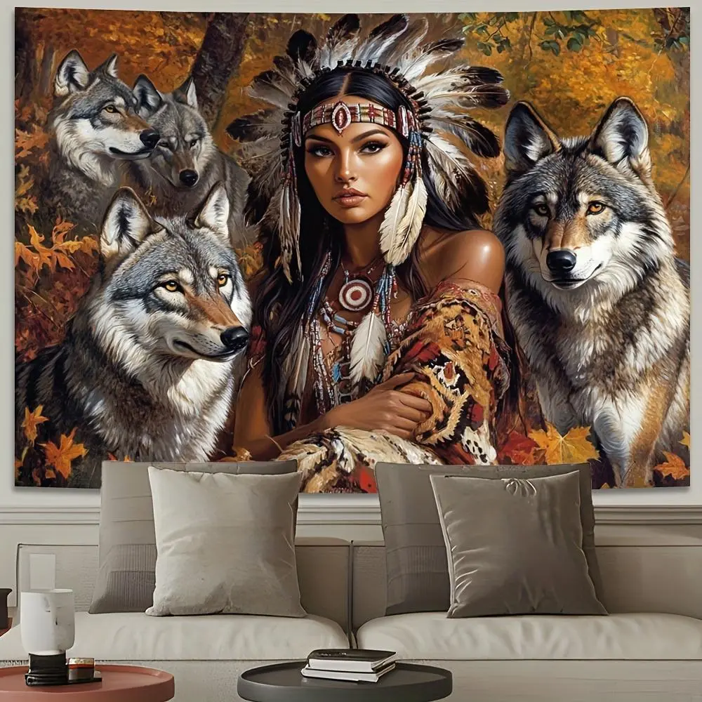 1pc Durable 2D Flat Modern Glam Soft Polyester Wall Tapestry - Wall Hanging, White Featherless Print, Indigenous Woman with Wolf Motif, Thomas Cole Landscape-Inspired Native American Art, Indoor Living Room Decor, Machine-Washable Gift Option, Indoors