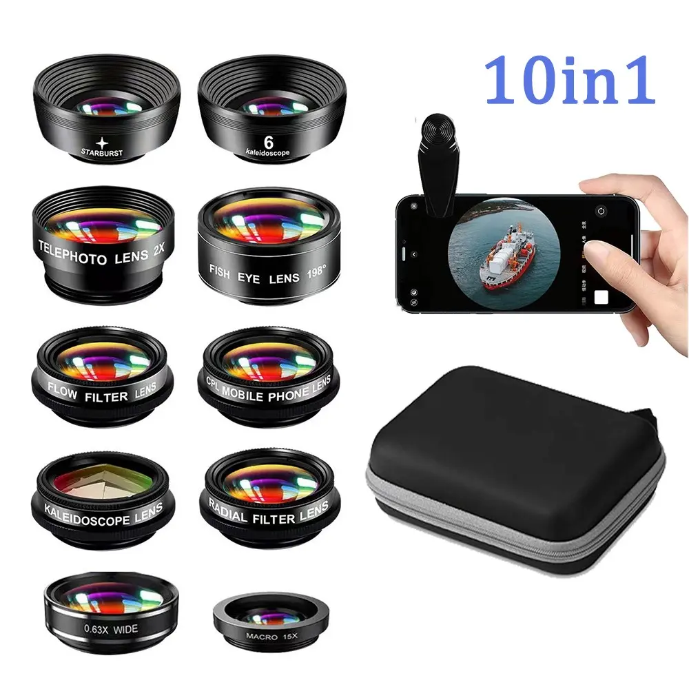 Phone Camera Lens-Macro Lens+Wide Lens+Fisheye Lens+Telephoto Lens+CPL/Flow/Radial/Star Filter+Kaleidoscope 3/6 Lens 10 in 1 Lens Kit, Lens Attachments, compatible with iPhone, Samsung and most smartphones.