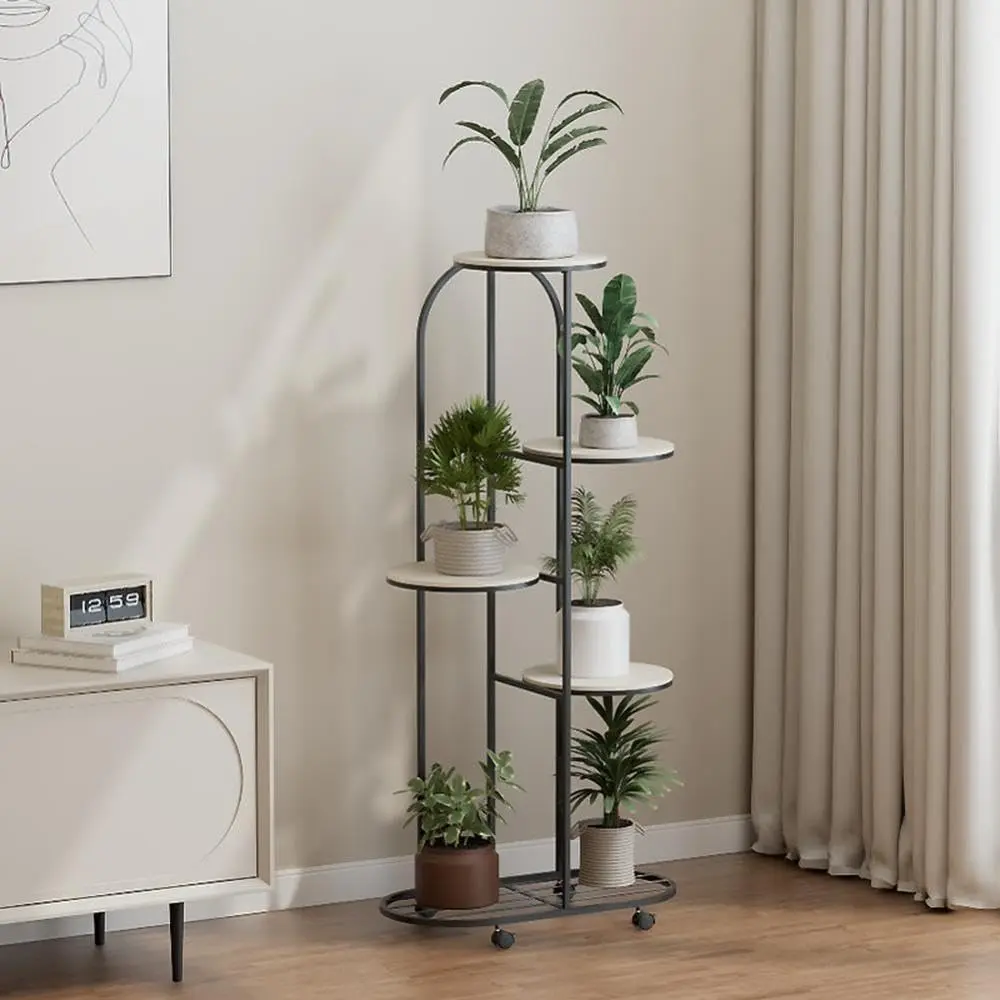 GARVEE Wrought Iron Corner Plant Shelving Unit with Five Matte Black Layers, Multi-Planter Rack Organizer on Wheels for Room, Balcony, Garden, Patio
