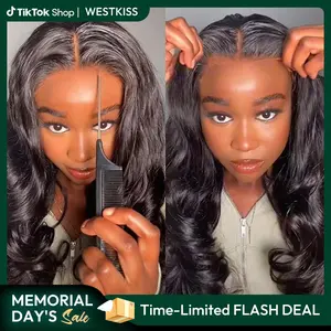 West Kiss Pre Cut Ready Go Glueless Wig Body Wave 7x4 Lace Closure Wig Human Hair 7x5 Closure Wig Bleached Knots Pre Plucked 250% Density Gluleless Wig For Women tiktokshopmemorialday