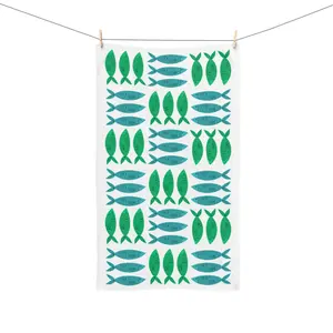 Slightly Subtle Sardine Green and Blue on White Hand Towel, Fish Nautical Coastal Home Kitchen Bath Decor, Unique Gag Gift, Beach House