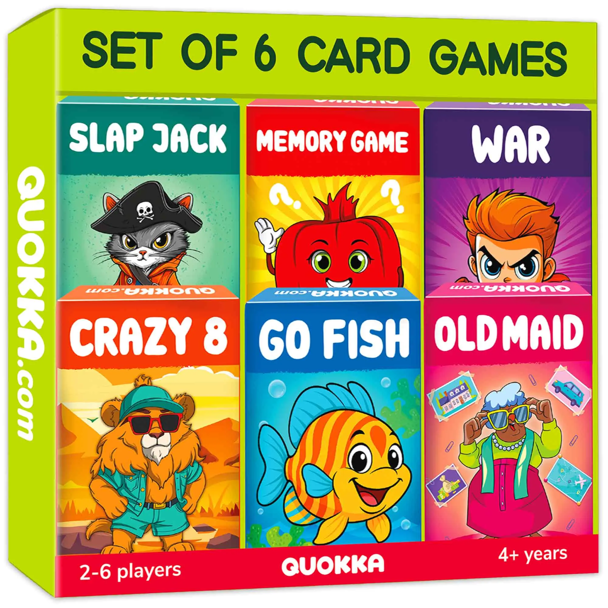 QUOKKA Unisex Bright Animals & Nature Themed Card Games 6-Pack (3.5x2.4 Inches) for 4-8 Years Olds - 2-6 Players, Crazy 8, Go Fish, Old Maid, War, Slap Jack, Memory Match - Patience-Building Family Toys for Birthdays, 3.5 X 2.4 Inches