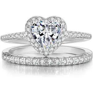 Jewelers Rhodium Plated Heart Shaped Engagement Eternity Bridal Anniversary Promise Wedding Band Ring Set