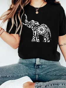 Boho Floral Elephant Print T-Shirt, Soft and Skin-Friendly, Casual Fitted Style, Perfect for Home, Shopping, Coffee Dates