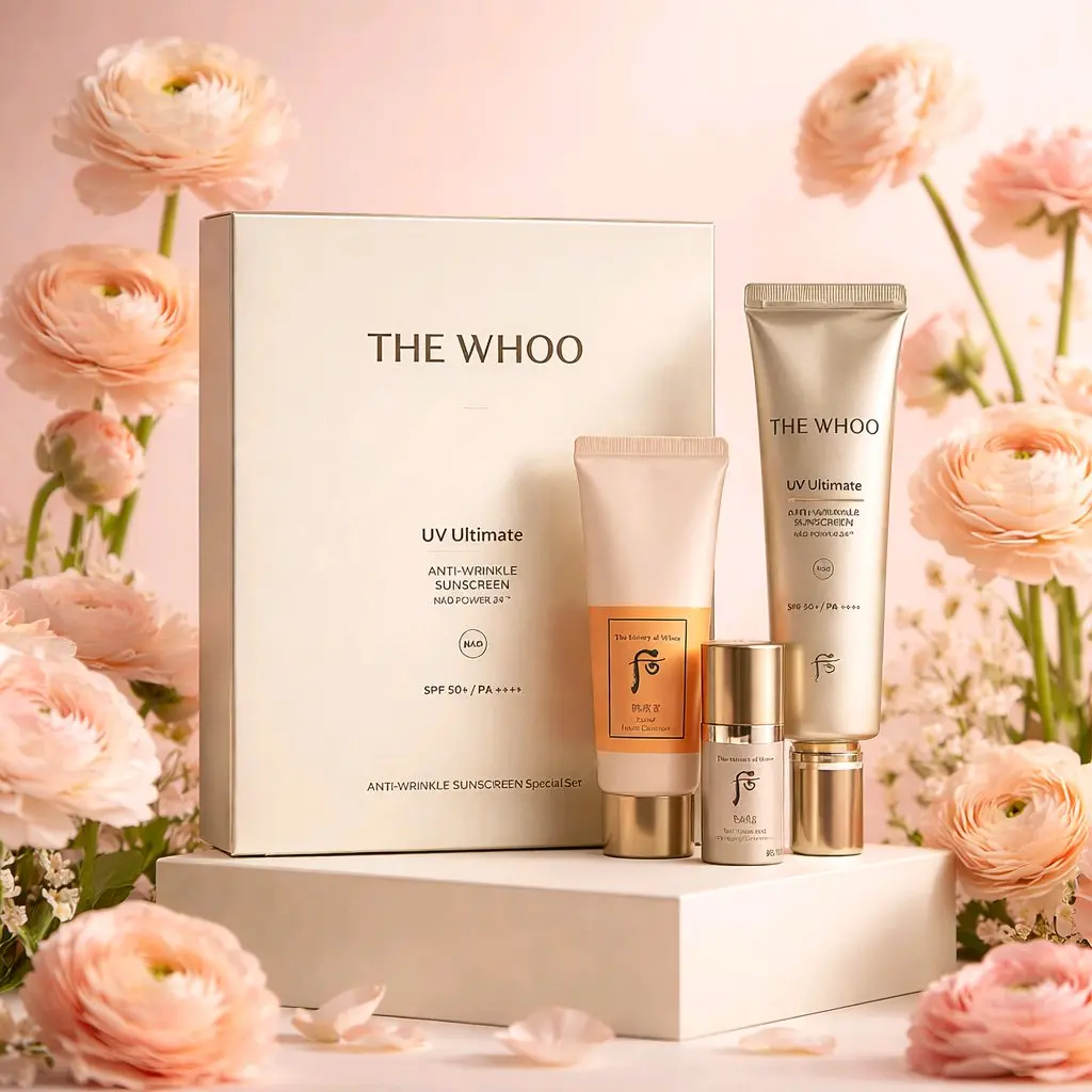 THE WHOO Anti-Wrinkle Sunscreen Special Set - Sunscreen Cream, Moisturizing Serum, Ginseng-Infused Facial Cleanser for UV Protection, Skin Repair, All Skins Care