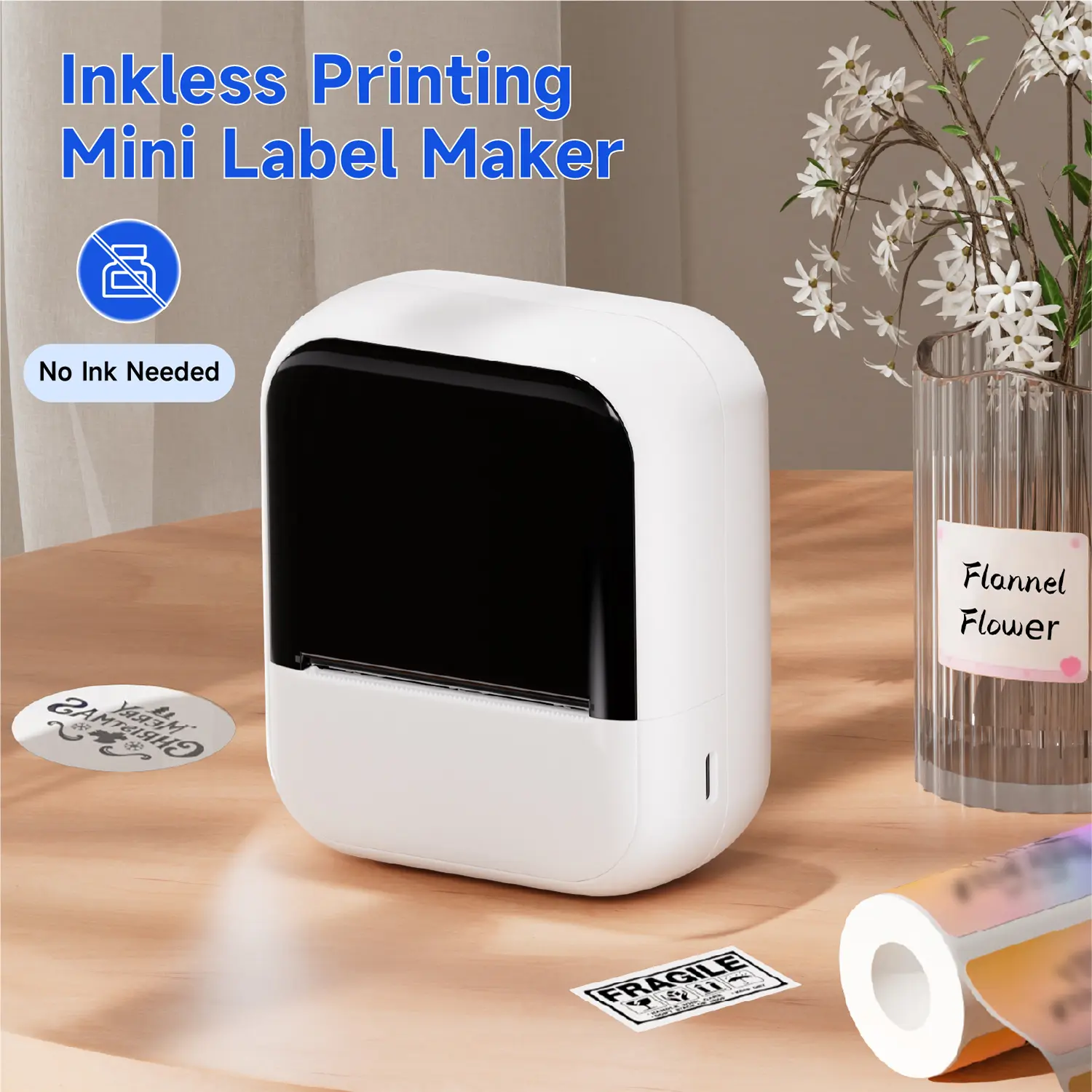 Portable mini label printer with a large print run of templates. Inkless thermal printer. Can print labels, tattoos, pictures, memos, and notes. Suitable for travel, office, and home.