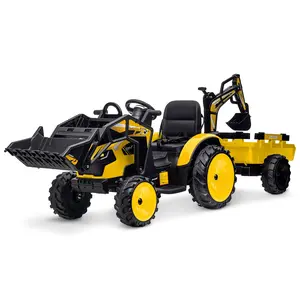 【GARVEE】3 in 1 Electric Ride-On Vehicle for Kids - Tractor, Excavator & Bulldozer with 24V Power, Trailer, Remote Control, Shovel Bucket, LED Lights, Music, USB, Bluetooth, and EVA Tires in Bright Yellow