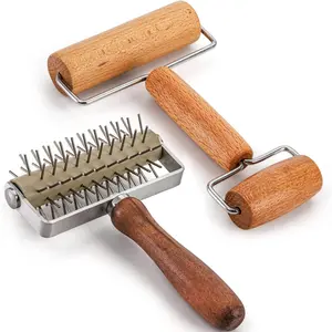 Set of 2 Pizza Dough Roller & Dough Docker, Stainless Steel Dough Hole Maker Puncher Wooden Rolling Pin for Pizza, Cookie, Pie, Pastry, Bread, Crust Bakeware Utensils