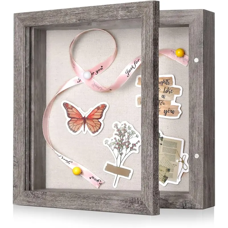 8x10 Shadow Box Frame with Linen Back - Real Glass, Push Pins Included, Sturdy Rustic Memory Display Case, Distressed White