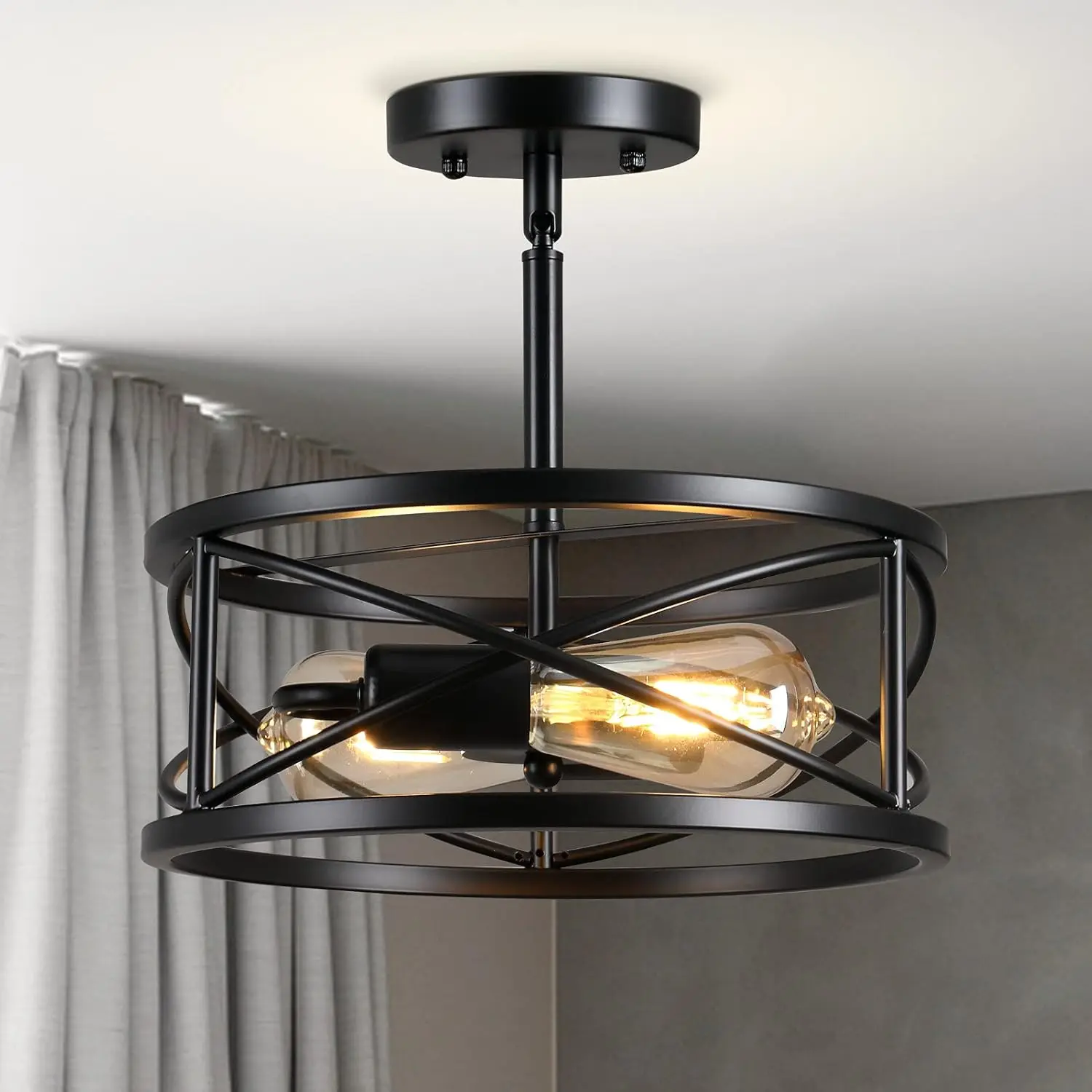 2-Light Farmhouse Semi-Flush Mount Chandelier - 11.8in Black Industrial Iron Cage, AC Powered Adjustable Indoor Lighting, Aesthetic Decorative Ceiling Fixture for Hallway, Kitchen (Indoor Use), Decorative Lights, Aesthetic Ceiling Lighting