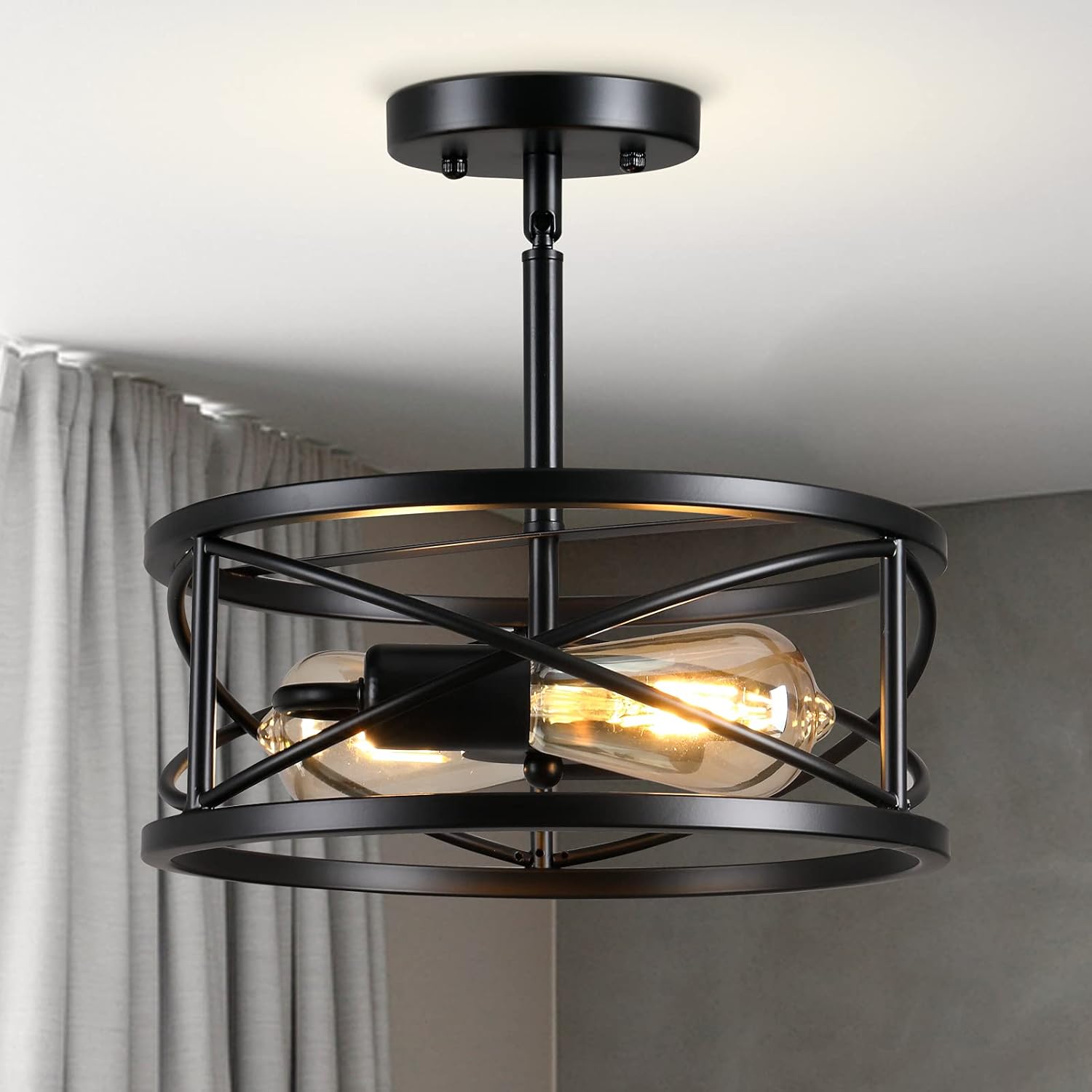 Farmhouse Semi Flush Mount Ceiling Light Fixtures, 11.8" 2-Light Black Industrial Metal Cage Lighting for Hallway Kitchen Entryway Bedroom