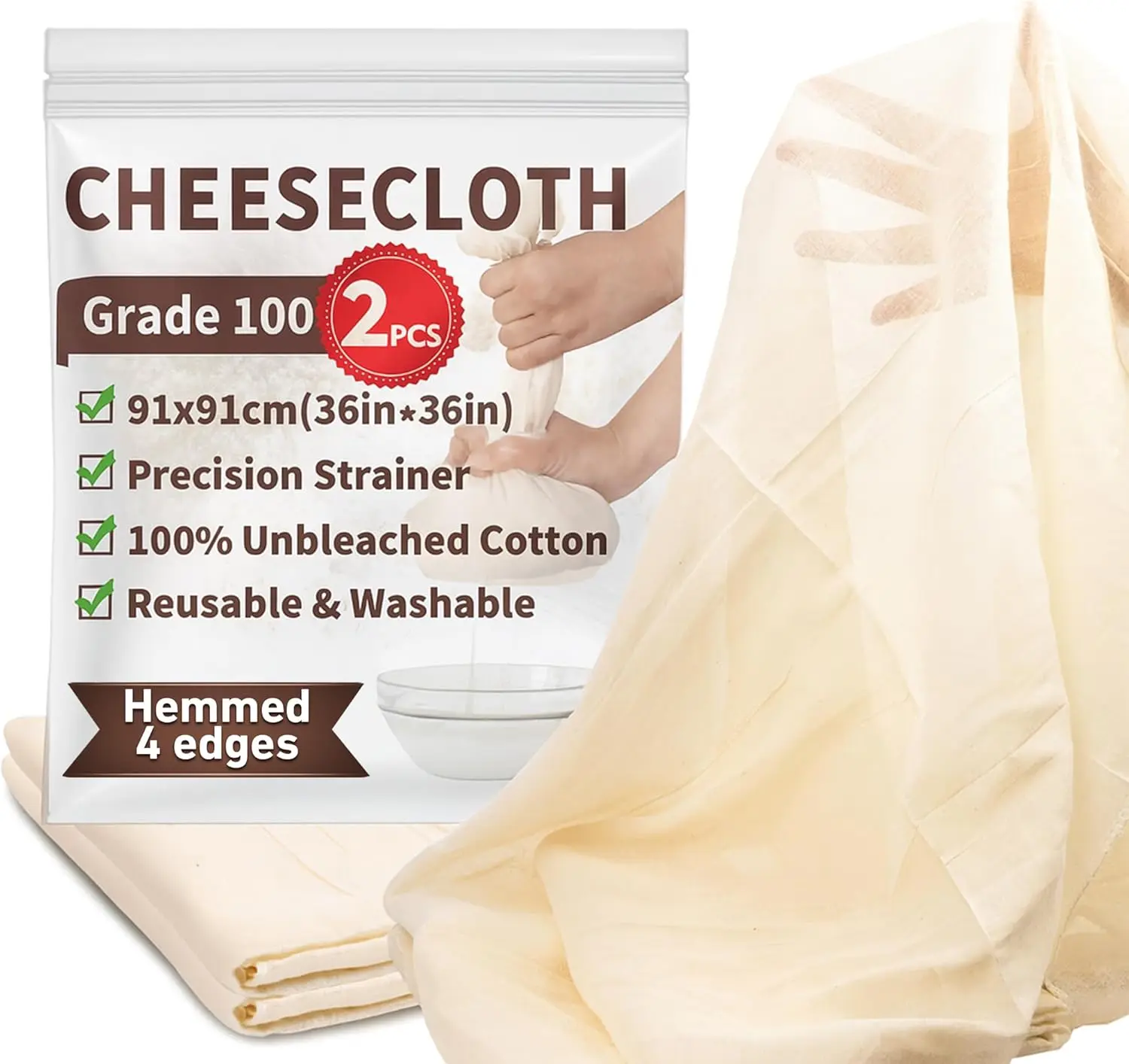 2 Pack Grade 100 Cheese Cloth 36x36 Inch for Straining & Cooking, Reusable Reusable with Finished Edges, 100% Unbleached Cotton  Cheesecloth
