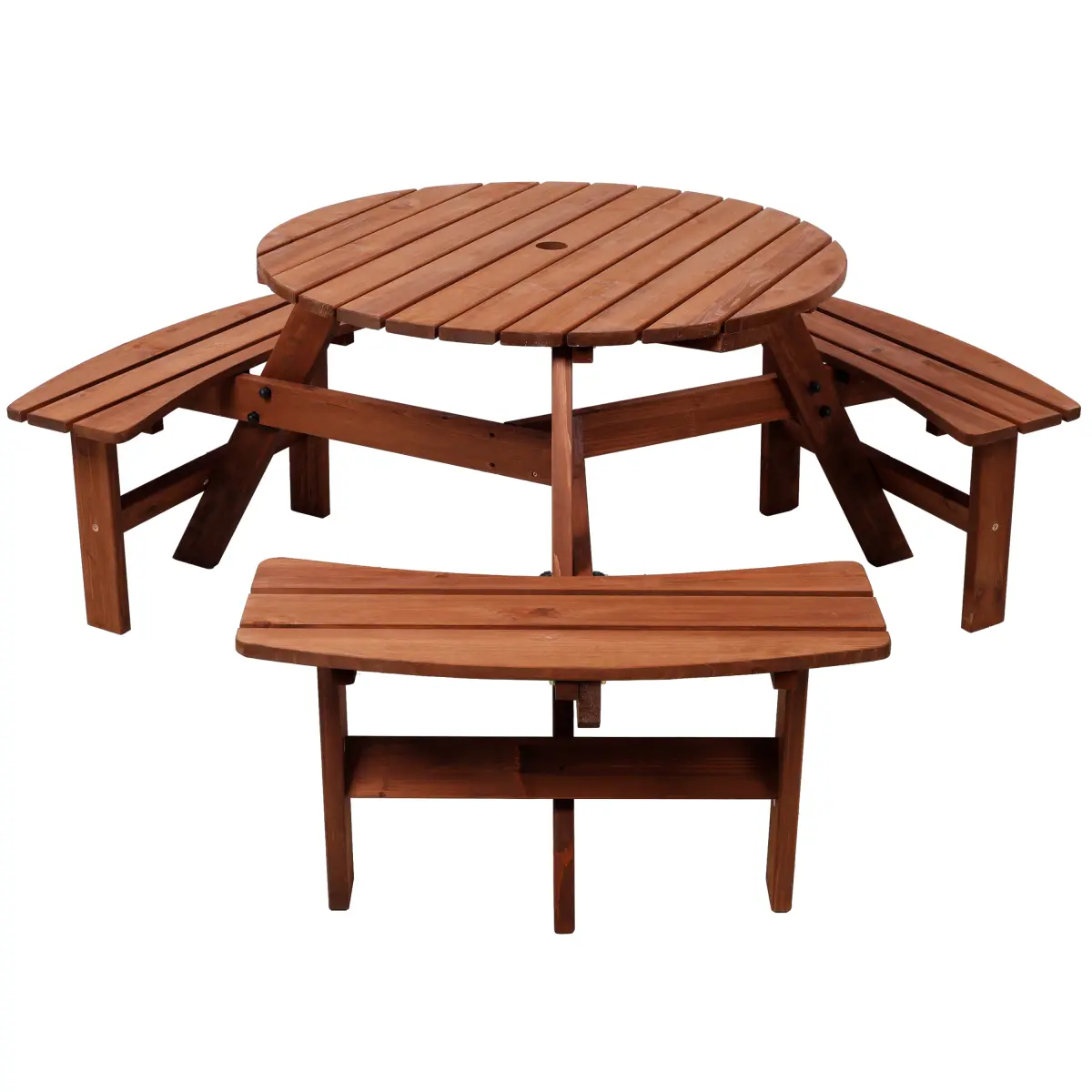 Solid Wood Outdoor Picnic Table Set - 6-Person Capacity, 3 Built-in Benches, 35" Diameter, with Umbrella Hole for Garden Patio