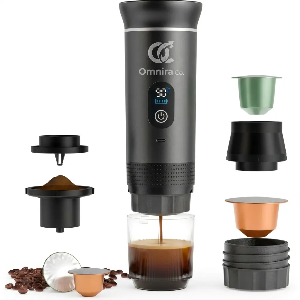 OMNIRA Portable Coffee Maker Espresso Machine Small Electric Battery Operated Coffee Cup Mini Espresso Machines Self-Heating Car Travel Espresso Pod Maker, 3-IN-1 Ground Coffee & NS Capsule Hiking Camping