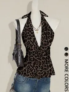 Women's Leopard Print Halter Top, Deep V Neck Waist Cinch Ruched Lace Trim Tank, Casual Fitted Clothing, No Button Zipper Collar, Womenswear