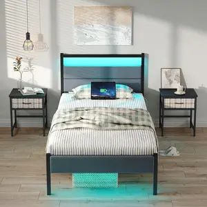 CollaredEagle Bed Frames with Charging Station, LED Lights Bed with Grey Upholstered Headboard, with Heavy Duty Slats Support, No Box Spring Needed, Noise Free, Easy Assembly.
