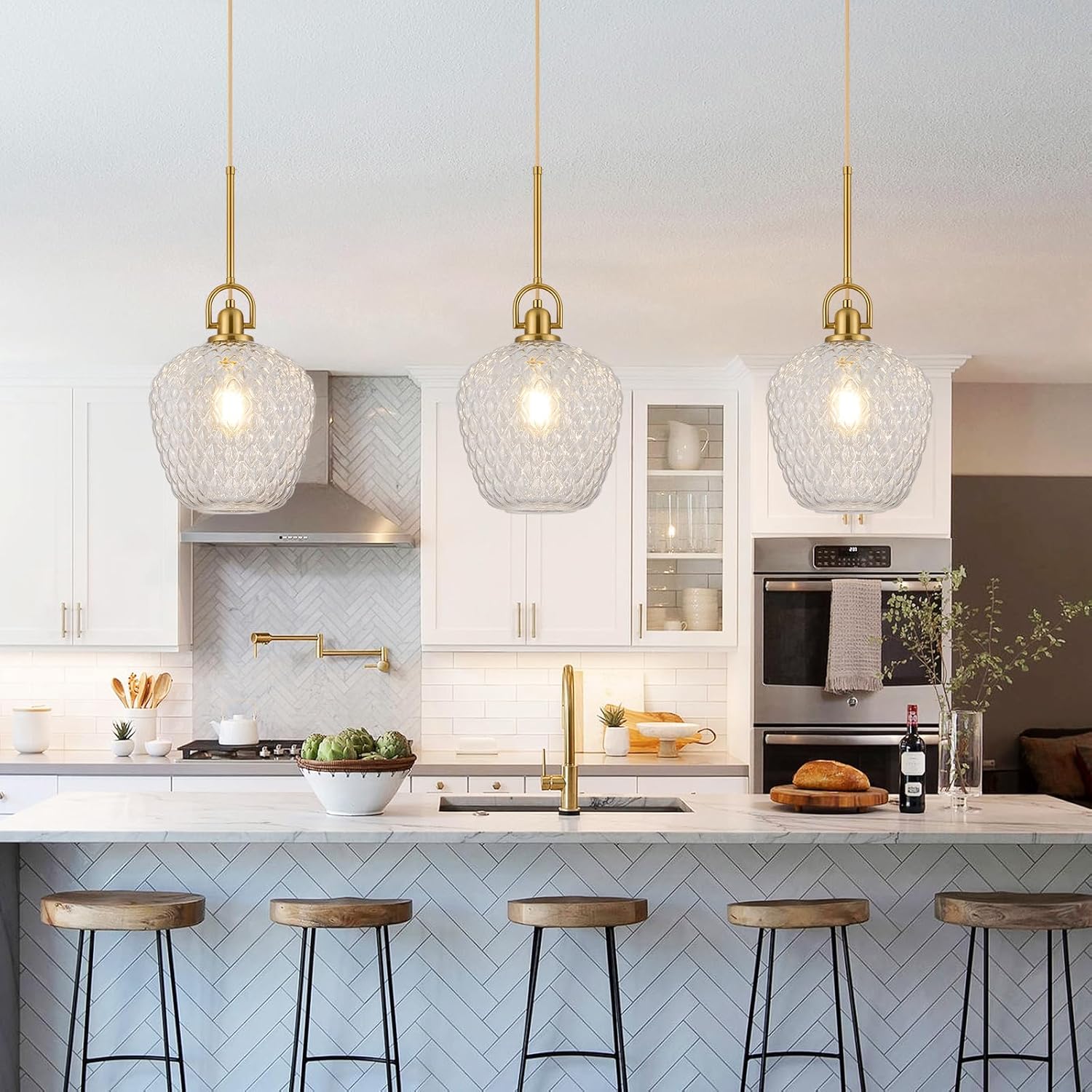 Brushed Gold Pendant Lights Kitchen Island, 10" Large Glass Pendant Light with Hammered Glass Modern Hanging Lighting Fixtures for Kitchen Island Dining Room Entryway Foyer