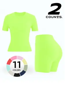 Women's Yoga Set Two-Piece, Plain Short Sleeve Round Neck Sports T-Shirt and High Waist Tight Shorts, Casual All-Seasons