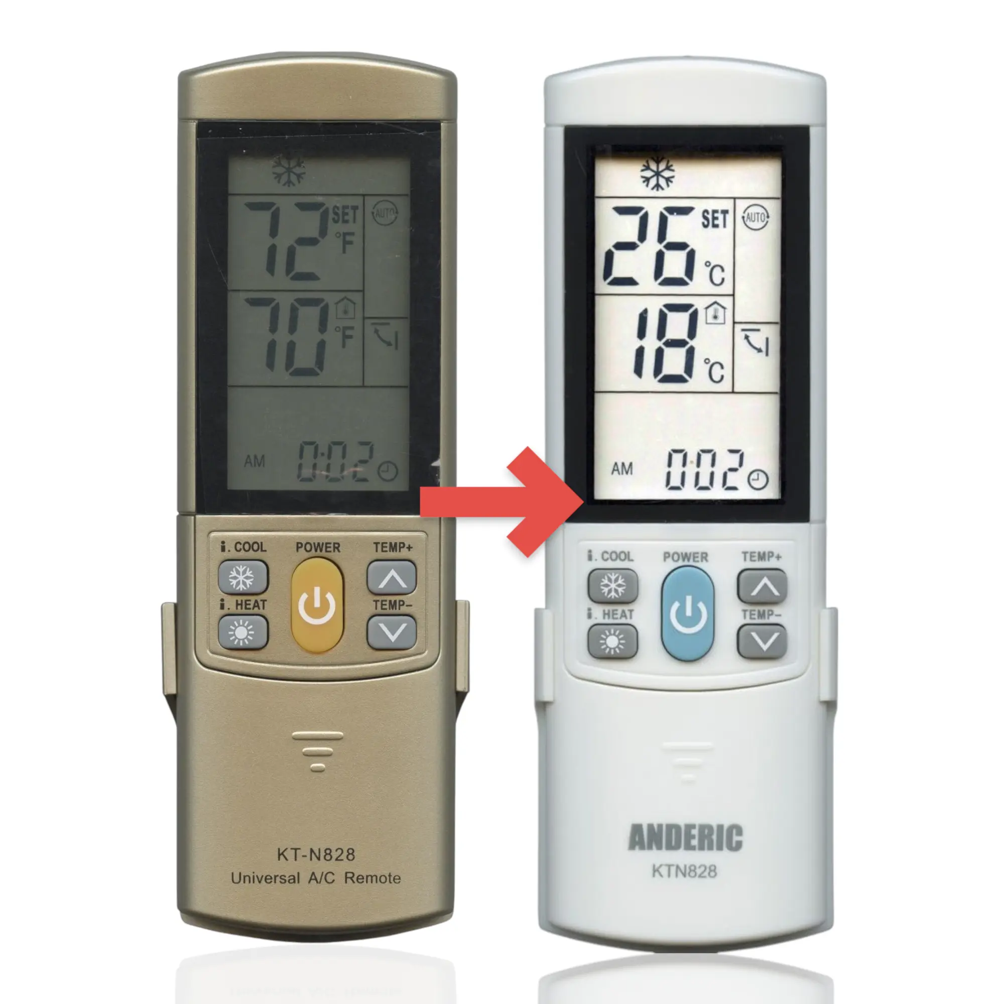 Anderic KTN828 (Gold) Wireless Universal HVAC AC Remote Control - Built-in Clock, Backlit LCD, Fahrenheit and Celsius Readouts, Numeric Code, Intelligent Heating & Cooling Modes, Home Focused, 99.9% Unit Compatible, Mini Split, Commercial Systems