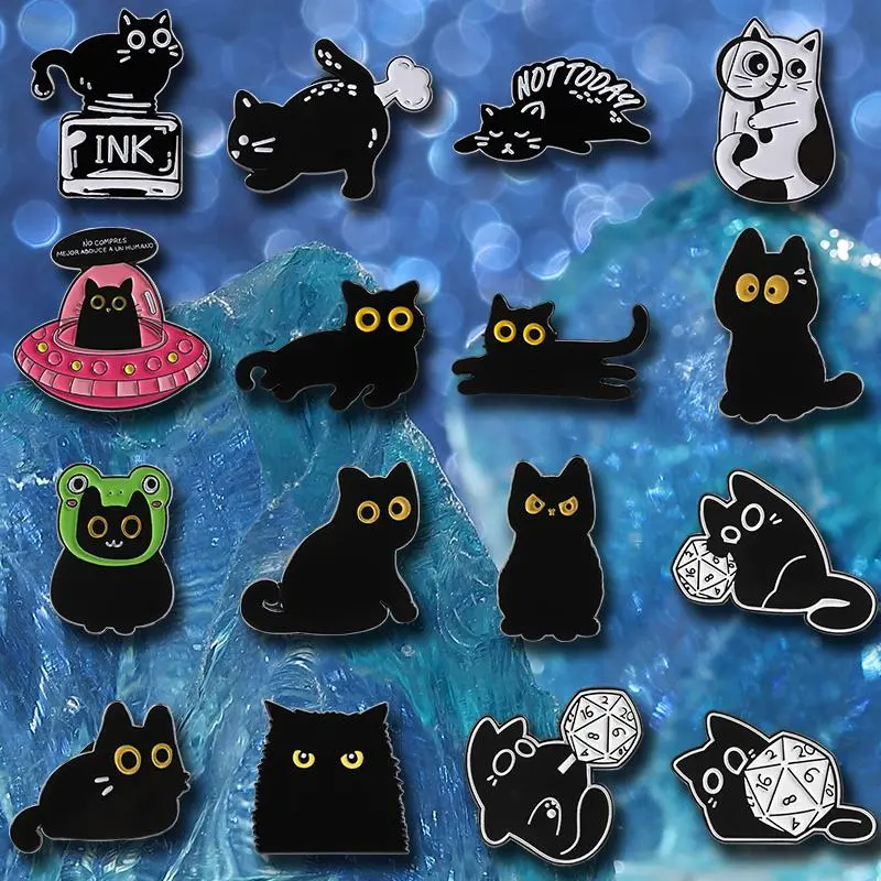16pcs Cute Cartoon Black Cat Animal Brooches - Exquisite Metal Cartoon Character Badges, Everyday Clothing Backpack Accessories, Great Gift for Halloween, Christmas, Animals, Exquisite Metal Badges, Memorial Day, Beach, Birthday, Evening, Party, Unisex