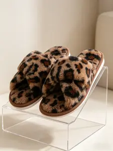 Vintage Leopard Print Plush Slippers, Women, Soft Elastic Non-Slip, Comfortable Home Footwear, Ideal for Dorms and Living Rooms