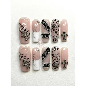 Gothic Leopard Press On Nails: Chrome Cross Rosary Chain and Studded Strap Art Nail Art Kit Nail Box