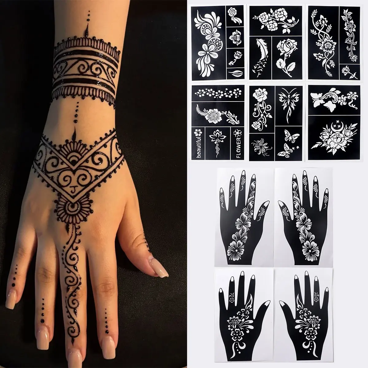 10 Temporary Tattoo Stencil Set, Sexy Floral Designs, Patterns, Reusable Hollow Templates for Hands, Fingers, Arms, Thighs, DIY Body Art, Women's Mehndi Henna Tattoos, Decoration Supplies