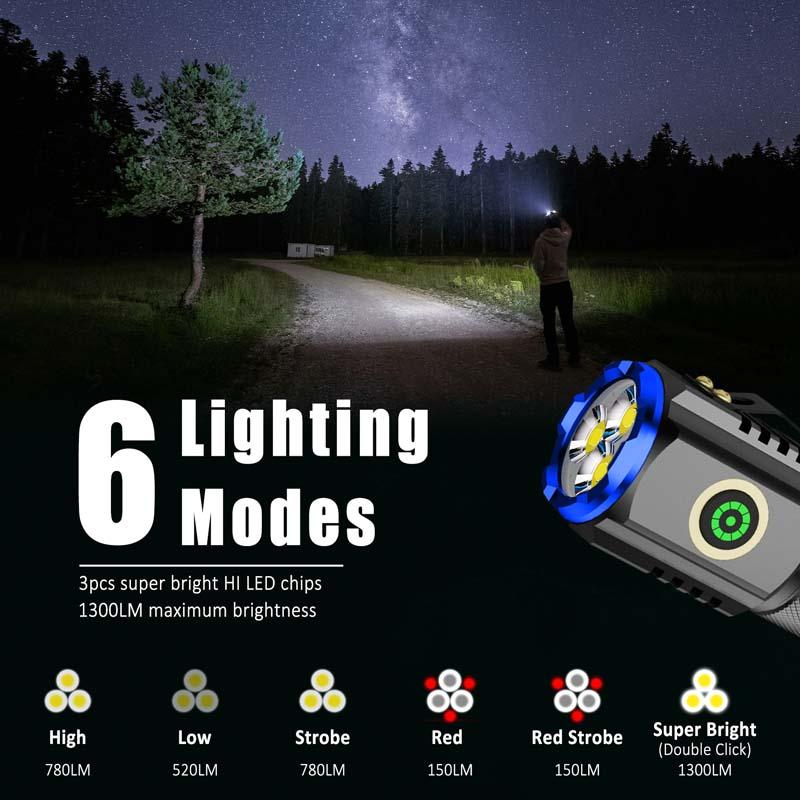 XTAUTO 1-Pack Portable LED Mini Flashlight, Rechargeable EDC Small Pocket Flashlight 6 Lighting Modes w/Magnet Clip Waterproof for Camping Hiking Night Walking Running Outdoor Emergency