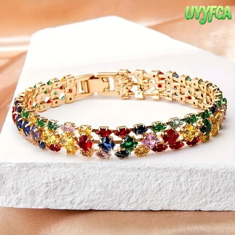 Women's Elegant Bohemian Colorful Geometric Zirconia Clasp Chain Bracelet, Gold Plated Rainbow Crystal Chain Bracelet, Elegant Sparkling Clasp Bracelet, Dainty Jewelry for Weddings, Parties, Daily Wear and Elegant Jewelry for Anniversary summervibes