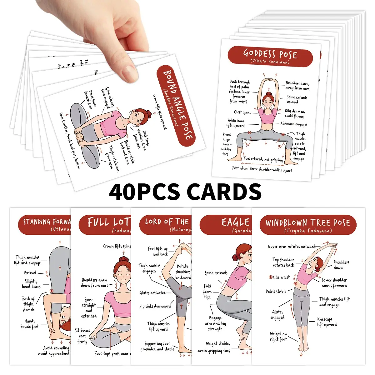 40pcs Yoga Pose Guide Card Set, Yoga Exercise Cards with Step-by-Step Poses, Yoga Asanas, Guidance, Yoga Instruction, Yoga Gift Card, Basic Practice & Stretching Teaching, Suitable for Beginners, Evening & Morning Routines, Yoga Card Deck