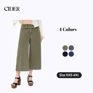 Cider Streetwear Summer Low Rise Metal Detail Washed Denim Wide Leg Capri Jeans
