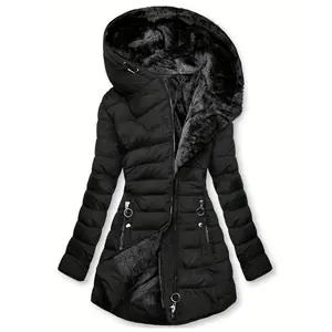 Zippered Hooded Down Jacket, Casual Long Sleeve Pocket Faux Lined Warm Winter Jacket, Women's