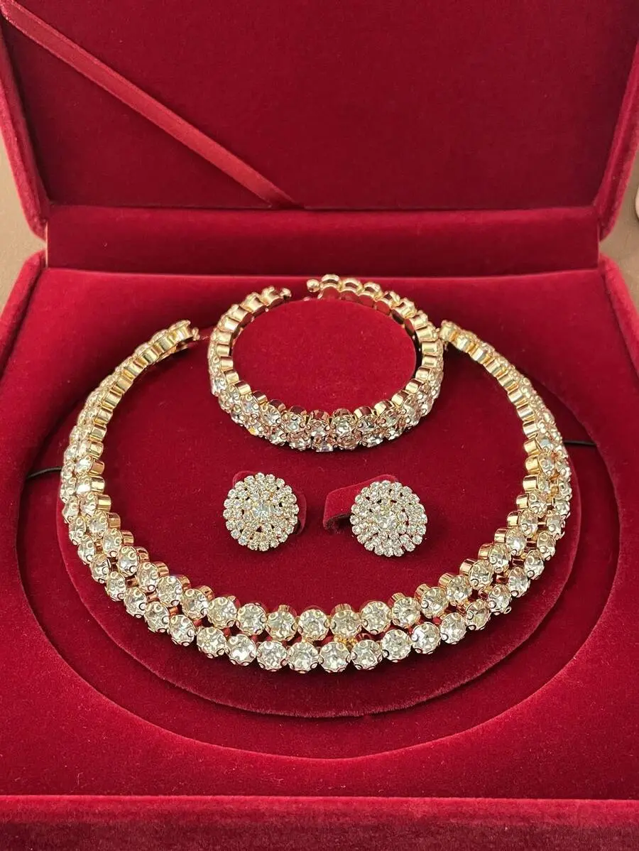3pcs Rhinestone Jewelry Set - Short Multilayer Necklace, Earrings, Bracelet, Artificial Diamond Jewelry with Full Bling Effect, Necklaces Earrings Set for Brides, Arm Candy Accessories, Christmas Gift, Rhinestone Jewelry Sets