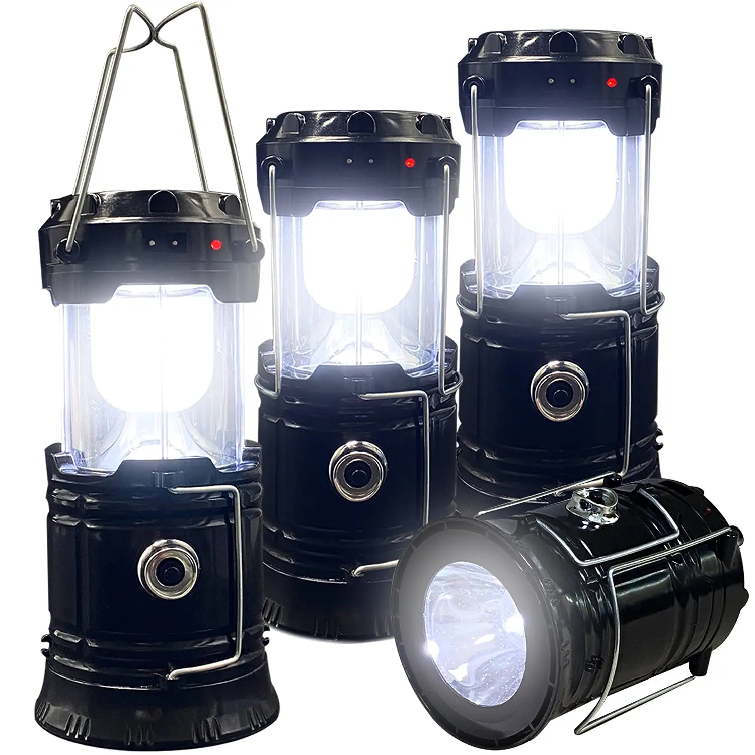 Set of 4 Foldable Portable LED Camping Lights – Lightweight, waterproof, and dual-powered (solar & USB); suitable for camping, dates, and emergencies.