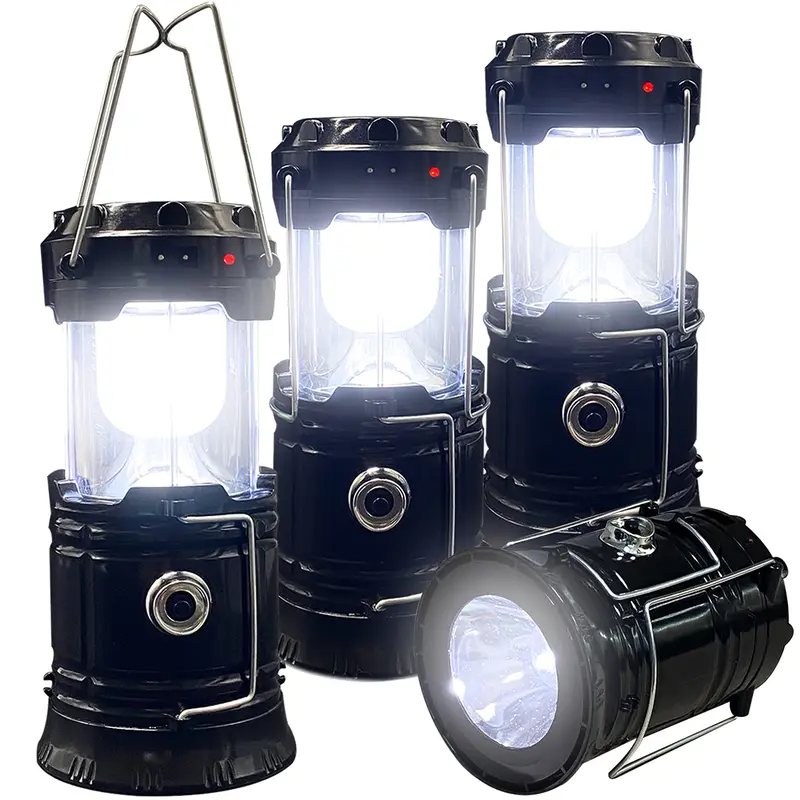 Set of 4 Foldable Portable LED Camping Lights – Lightweight, waterproof, and dual-powered (solar & USB); suitable for camping, dates, and emergencies.