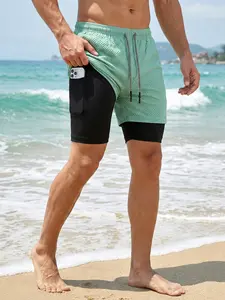Men's Seersucker 2-in-1 Beach Shorts with Phone Pocket and Towel Loop, Summer Casual Quick-Dry Breathable Swim Trunks, Drawstring Elastic Waist Board Shorts Swimwear Swimsuit Beachwear Bathing Suit