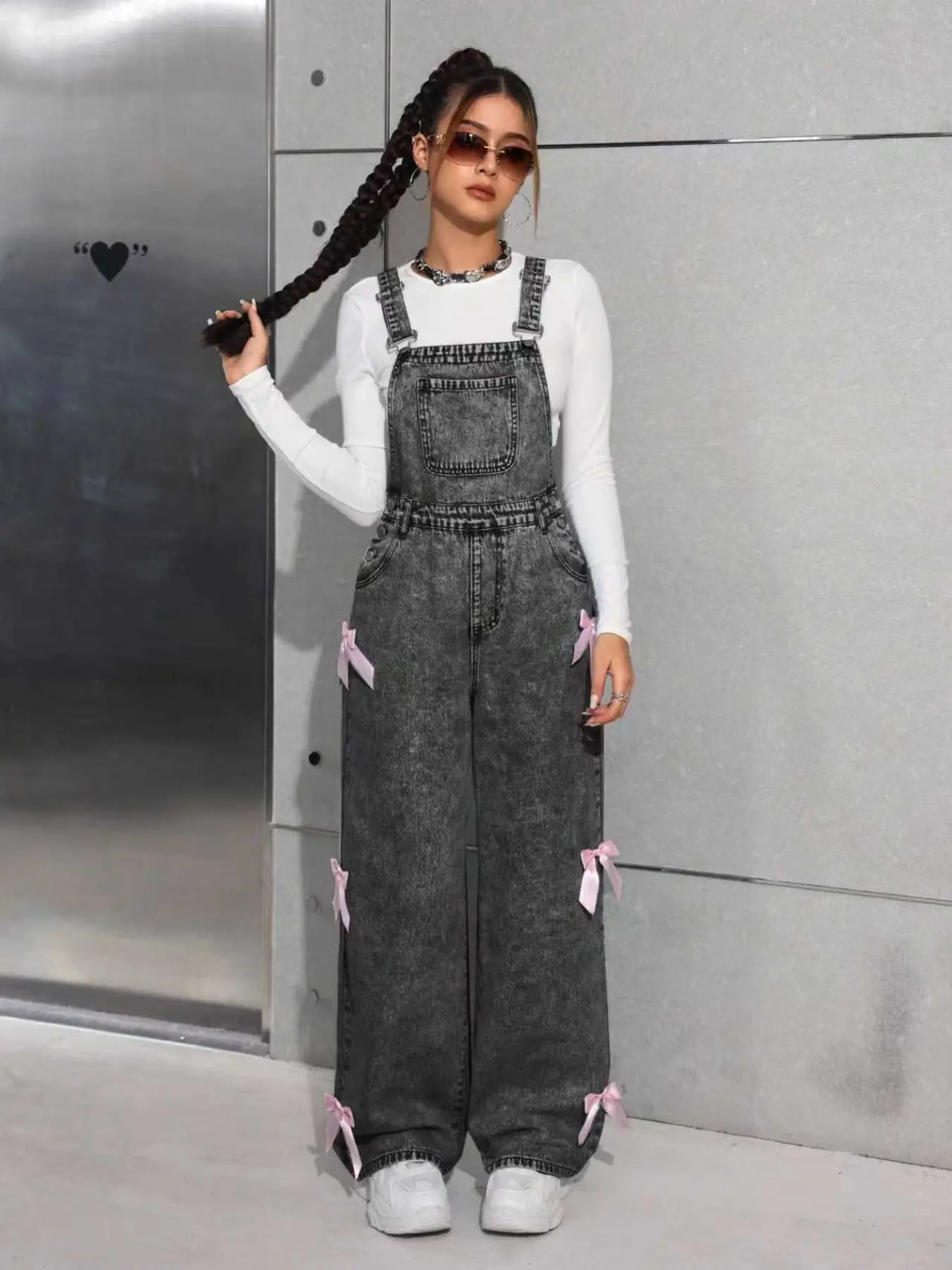 Fashion Girl Washed Denim Overalls, Cute Bow Design Side Decoration Baggy Wide Leg Style, All Seasons Wearable Fabric Vintage