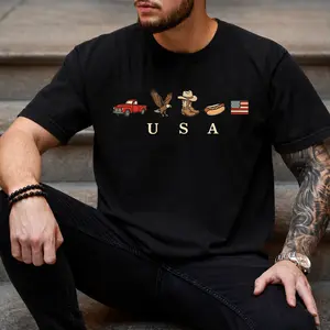 [Comfort Colors] USA Western Icons T-Shirt – American Flag 4th of July Graphic Tee, Country Style Comfort Colors Shirt, Patriotic Summer Outfit, Casual Cotton Menswear Outdoor Outfit