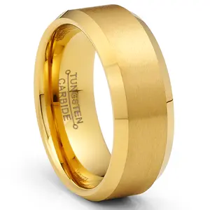 Gold Plated Flat-Top Tungsten Carbide Ring Mens Wedding Band 8MM Comfort-Fit