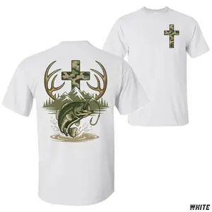 Christian Hunting Fishing T-Shirt – Bass Fish Antler Cross Mountain Graphic Tee, Outdoor Faith Country Apparel, Rustic Fisherman Hunter Shirt, Casual Sportsman Top for Men and Women