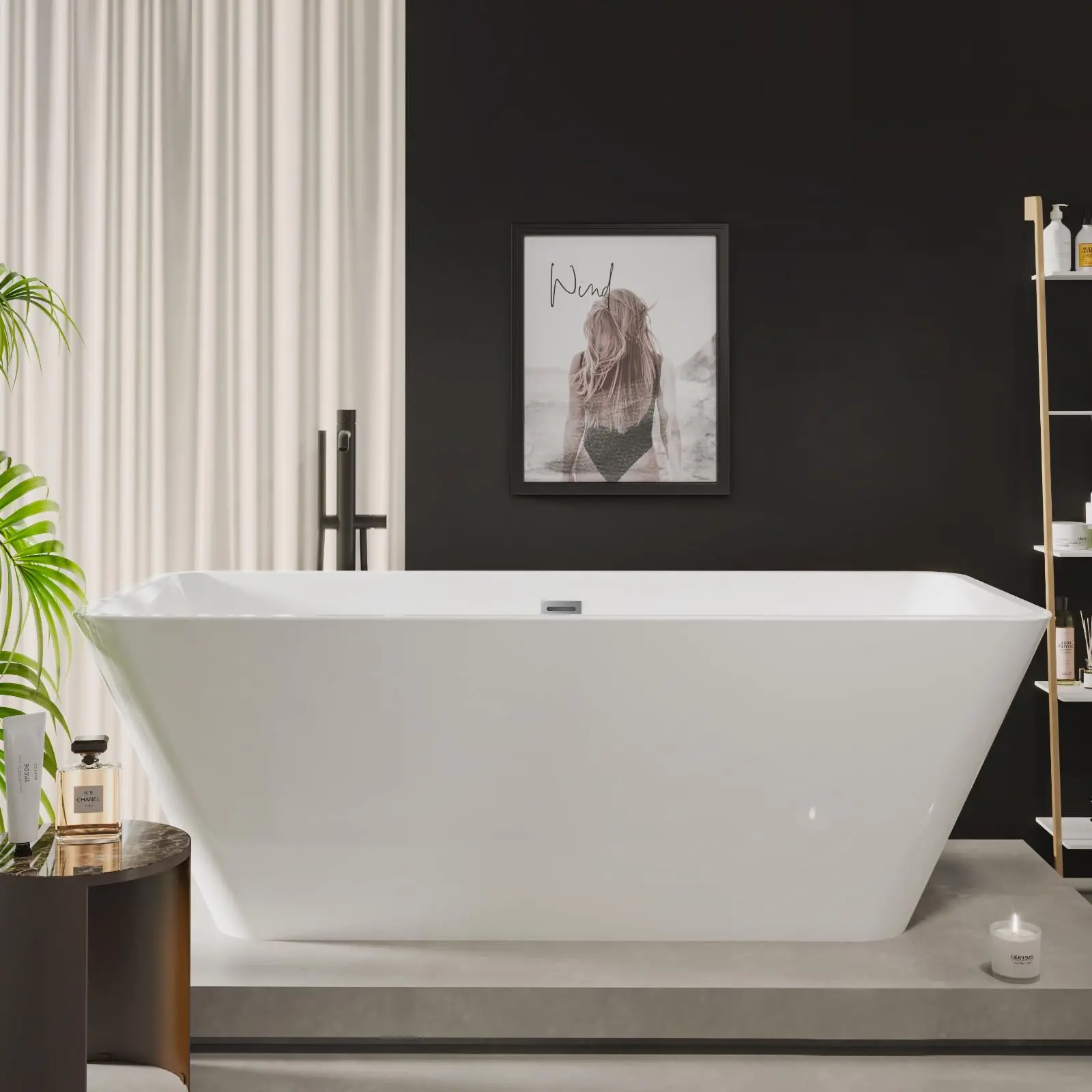 66-in Glossy Finish Square Freestanding Acrylic Bathtub - Modern Soaking Tub with Matte Drain, Black Overflow, CUPC Certified, Double-Walled Insulation, Deep Ergonomic Shape, Adjustable Leveling Ft, User-Friendly Design