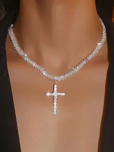 Luxurious Party Evening Sparkling Cross Pendant Copper Chain Necklace, Elegant Jewelry for Special Occasions, Stunning Accessory for Women, Elegant Prom Jewelry