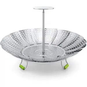 3rd Generation Stainless Steel Vegetable Steamer Basket with Extendable Handle for Cooking Food Foldable & Expandable Veggie Steam Insert Fits Various Size Instant Pot 5.5" to 9" Heat Resistant BPA-Free