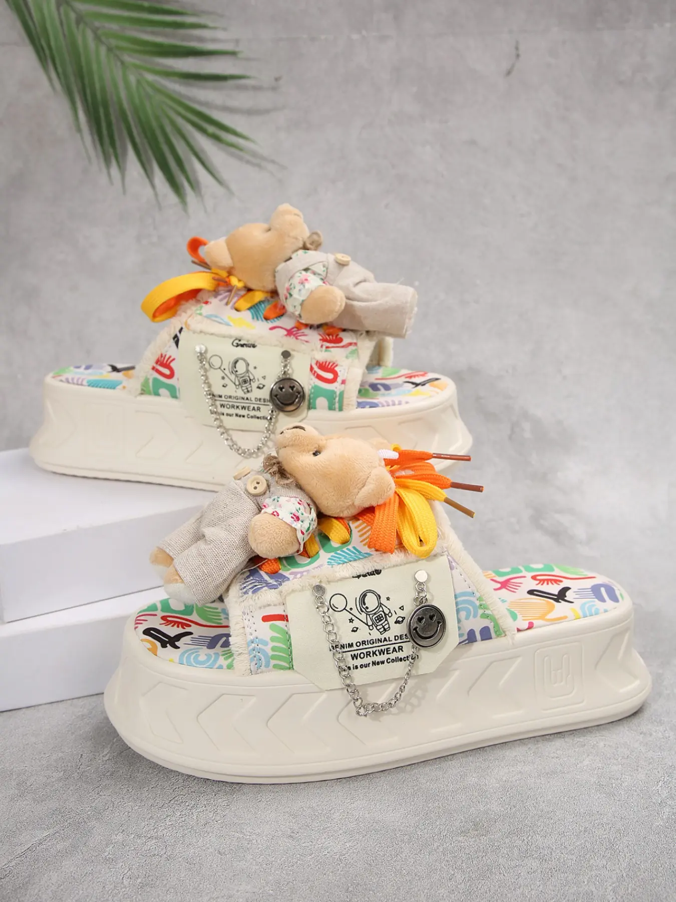 New Fashion Cute Bear Doll Thick Sole Slippers for Women Summer Outdoor Wear, Trendy Style Platform Sandals, Comfortable Cool Slipper